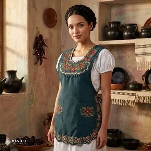 Mexican Embroidered Smock Apron – Floral Traditional Design
